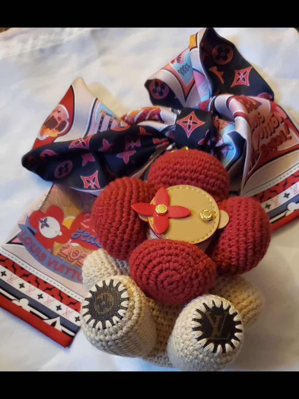 100%Silk Red & Cream Bag Twilly; Crocheted Flower Character Bag Charm